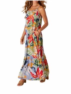 GOA Beachwear by Japna Blue Tropical Tiered Maxi Dress Resort Wear Beachy XS